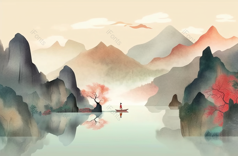 红色女人船只新中式古典水墨山水画背景,插画/手绘图,插画/手绘图库,插画/手绘图下载,插画/手绘